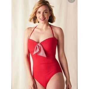 NWT Matilda Jane Women's L Poolside Party One Piece Red Bow Swimsuit Size Large
